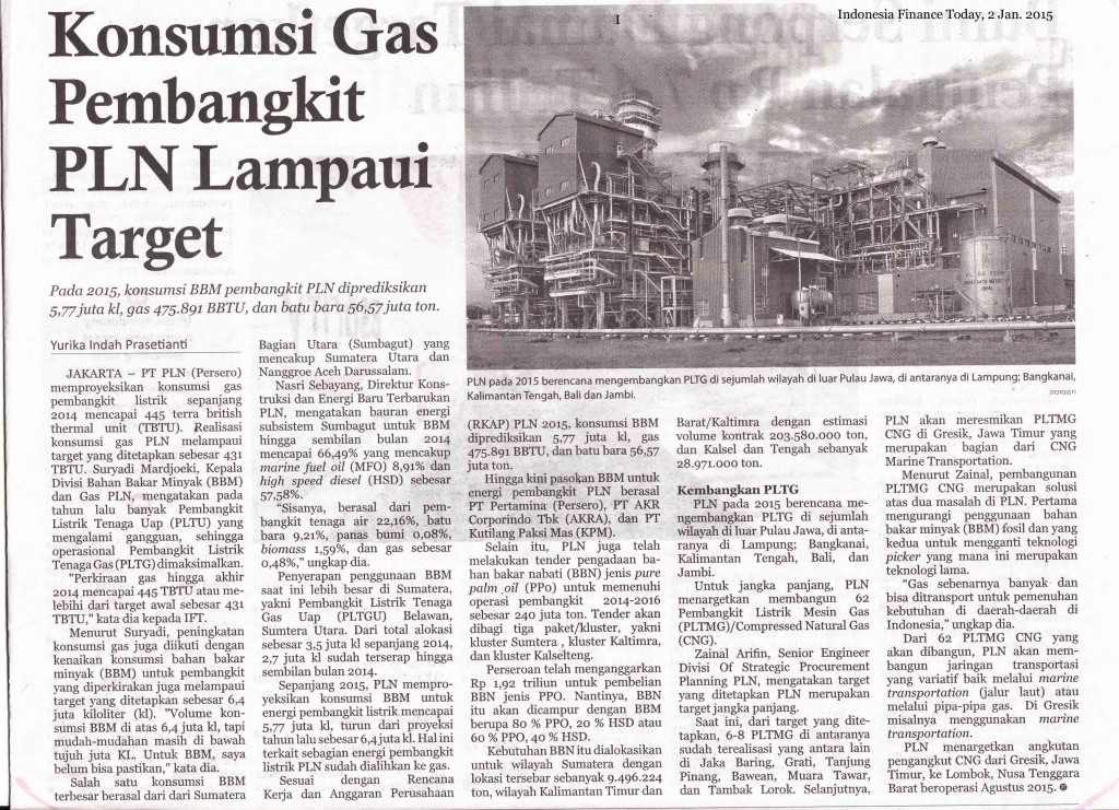 Konsumsi Gas Pembangkit PLN Lampaui Target