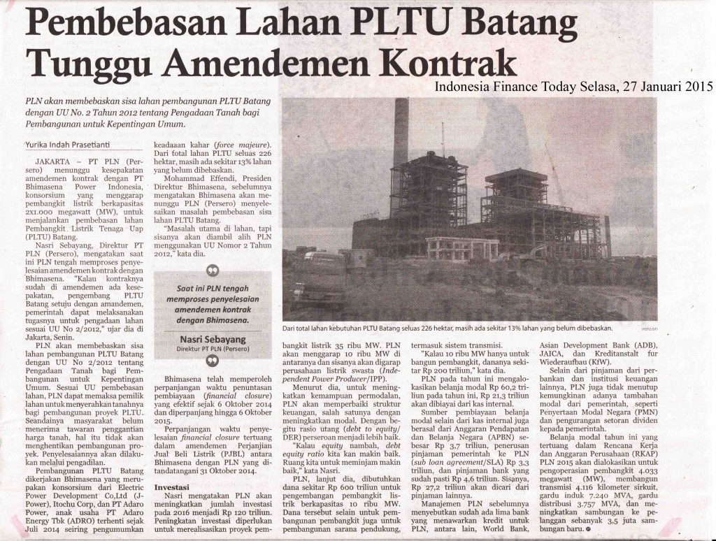 Pembebasan Lahan PLTU Batang Tunggu Amandemen Kontrak, IFT  Selasa 27 Jan 2015