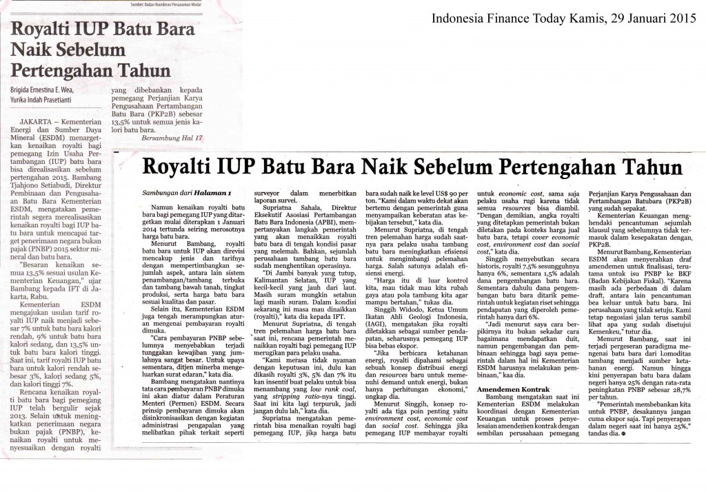 Royalti IUP Batubara Naik Sebelum Pertengahan Tahun, IFT    Kamis, 29 Jan 2015