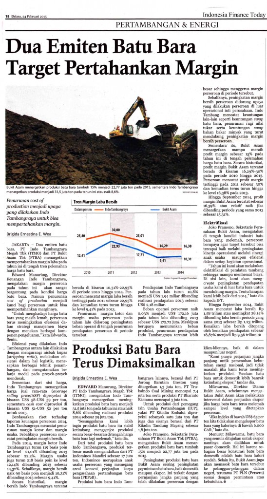 Dua Emiten Batubara Target Pertahankan Margin, IFT Selasa,  24 Feb 2015
