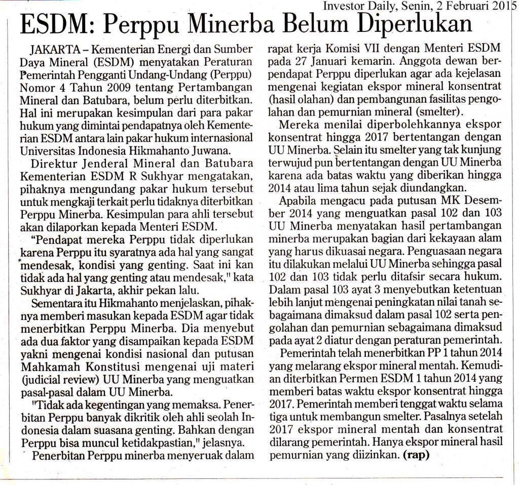 ESDM  Perppu Minerba Belum Diperlukan, Investor Daily  Senin, 2 Feb 2015