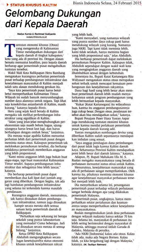 Gelombang Dukungan dari Kepala Daerah, Bisnis Indonesia  Selasa, 24 Feb 2015