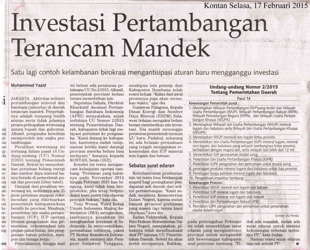 Investasi Pertambangan Terancam Mandek, Kontan Selasa, 17  Feb 2015