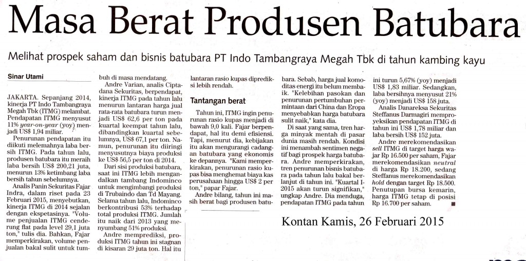 Masa Berat Produsen Batubara, Kontan Kamis, 26 Feb  2015