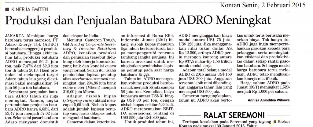 Produksi dan Penjualan Batubara ADRO Meningkat, Senin, 2  Feb 2015