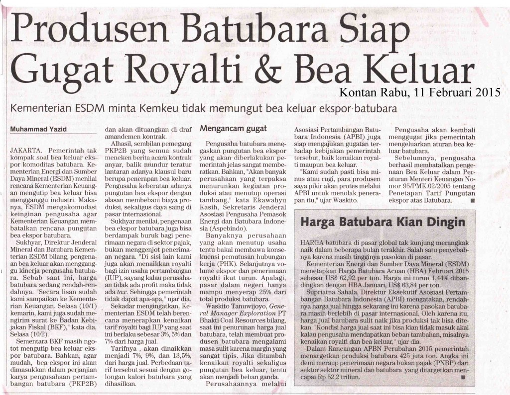 Produsen Batubara Siap Gugat Royalti dan Bea Keluar,  Kontan Rabu, 11 Feb 2015