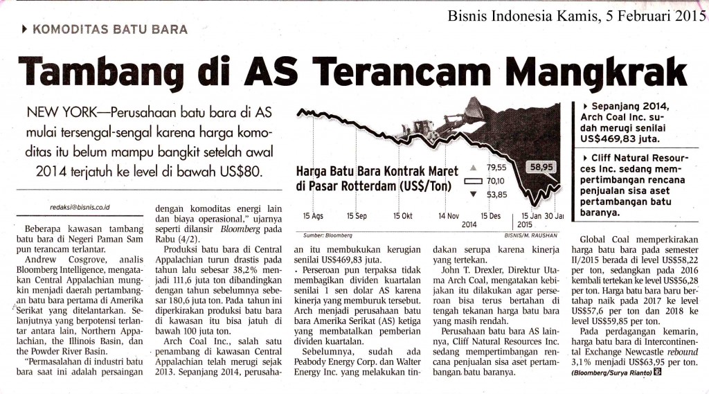 Tambang di AS Terancam Mangkrak, Bisnis Indonesia Kamis, 5  Feb 2015