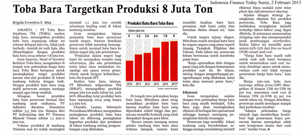 Toba Bara Targetkan Produksi 8 Juta Ton, IFT Senin, 2 Feb  2015