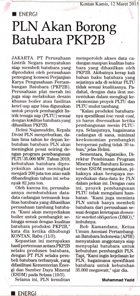 PLN Akan Borong Batubara PKP2B, Kontan Kamis, 12 Mar  2015