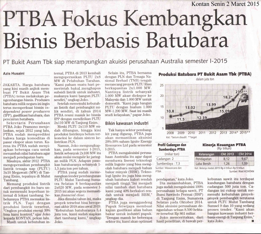 PTBA Fokus Kembangkan Bisnis Berbasis Batubara, Kontan  Senin 2 Mar 2015