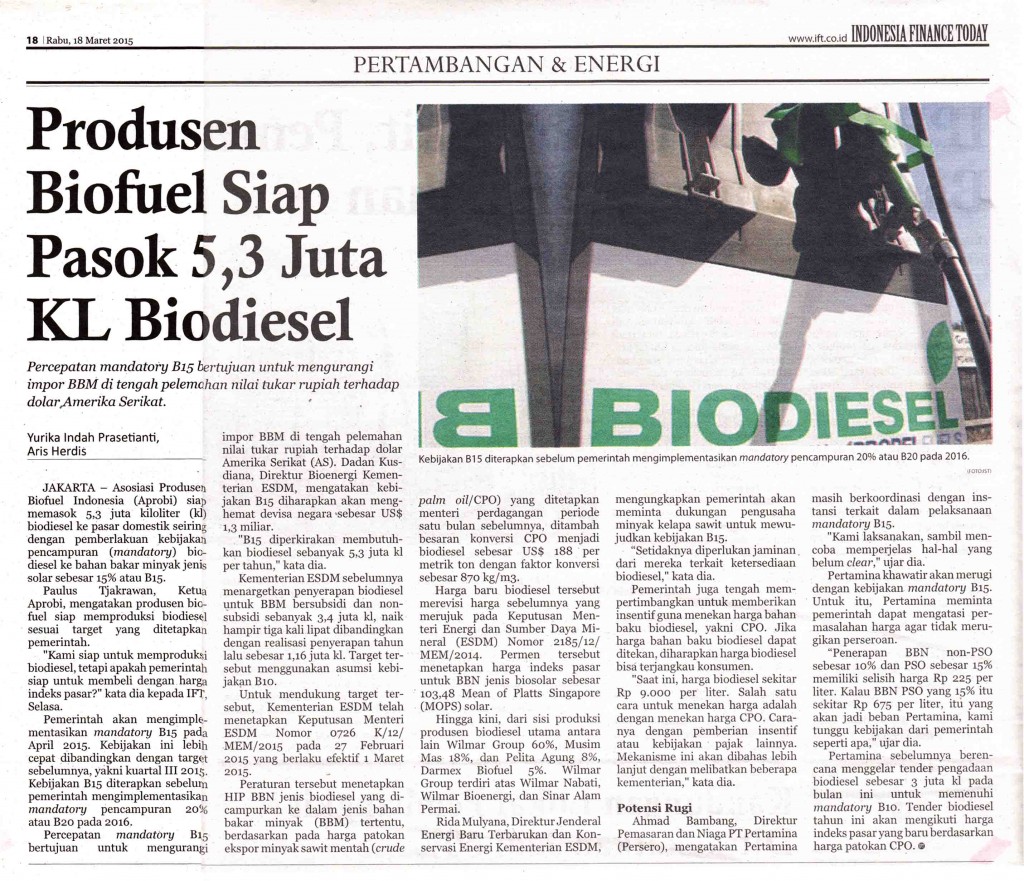 Produsen Biofuel Siap Pasok 5,3 Juta KL Biodiesel, IFT  Rabu, 18 Mar 2015