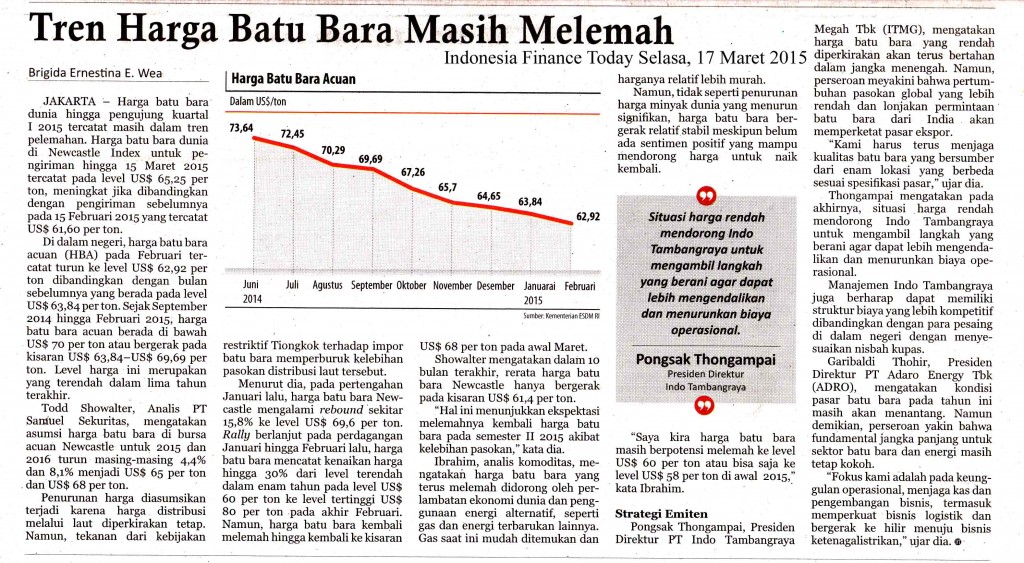 Tren Harga Batubara Masih Melemah, IFT Selasa, 17 Mar  2015
