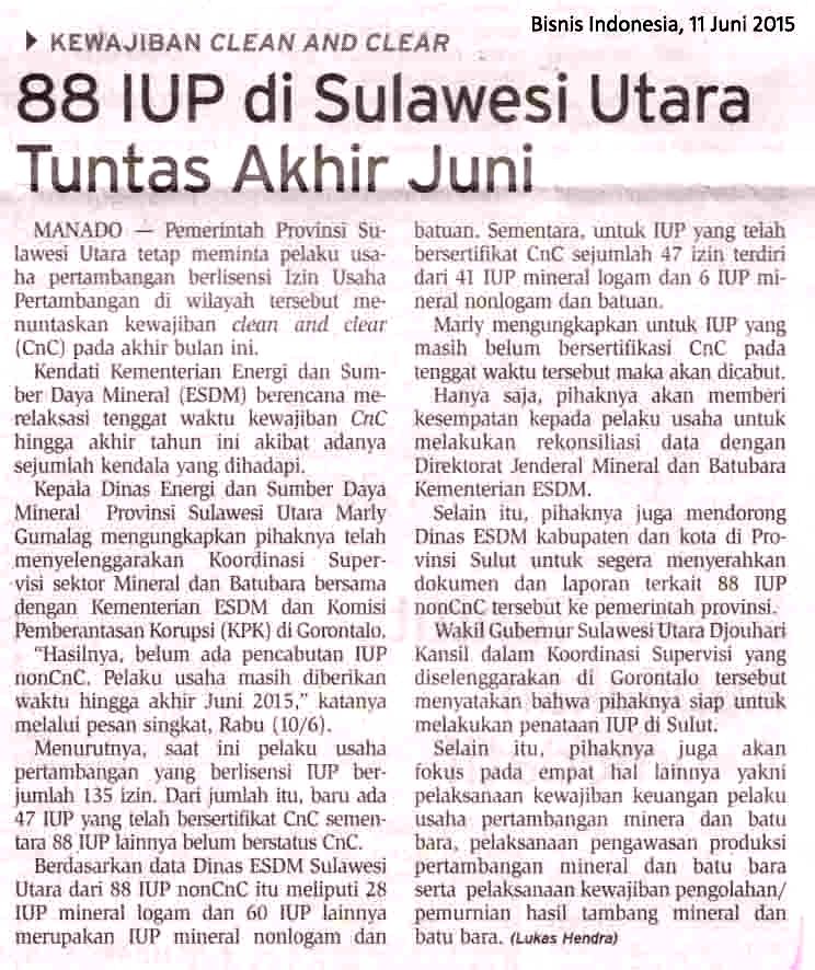 88 IUP di Sulawesi Utara Tuntas Akhir Juni