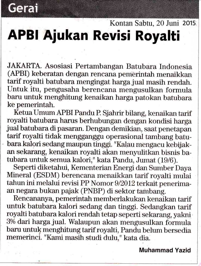 APBI Ajukan Revisi Royalti, Kontan Sabtu, 20 Juni 2015 copy