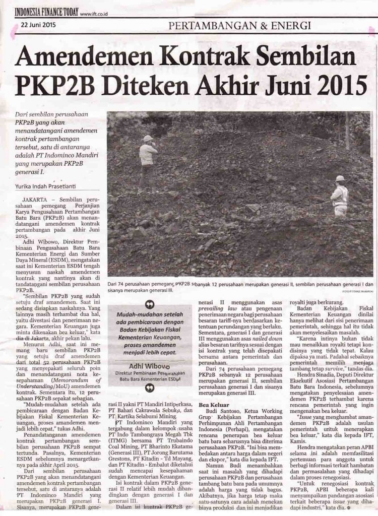 Amandemen Kontrak Sembilan PKP2B Diteken Akhir Juni 2015, IFT Senin, 22 Juni 2015