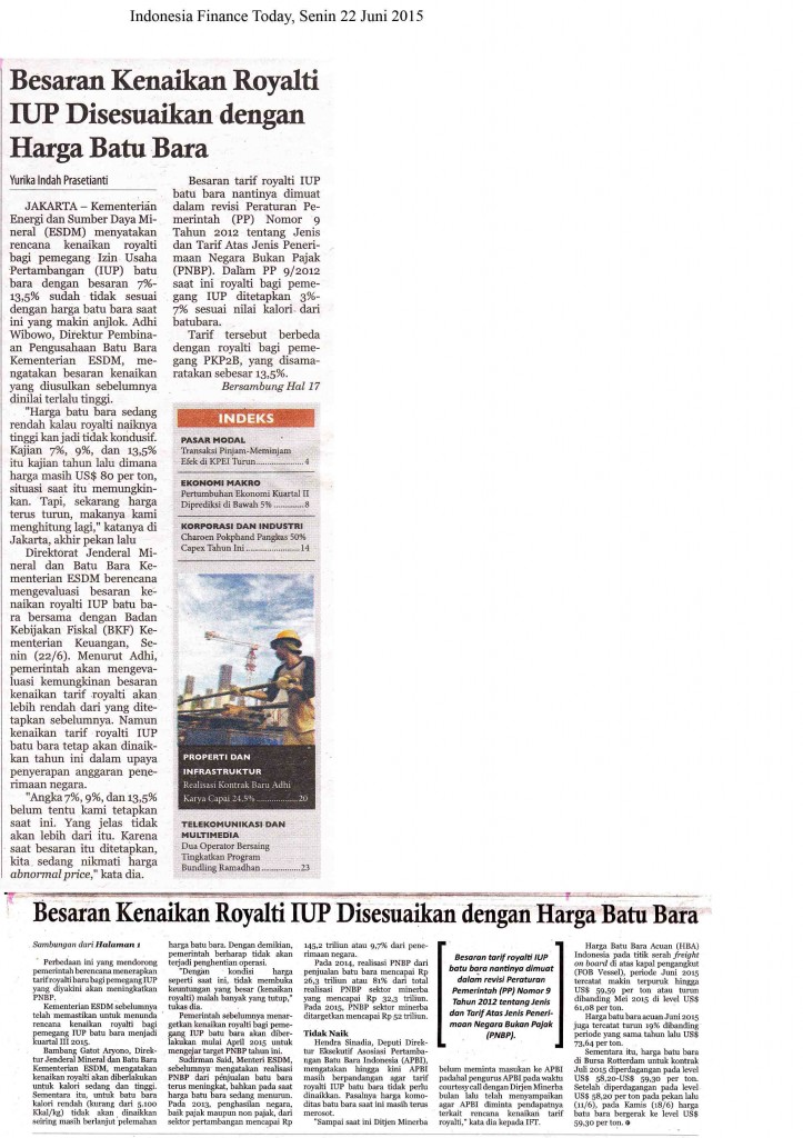 Besaran Kenaikan Royalti IUP Disesuaikan dengan Harga  Batubara 2, IFT Senin, 22 Juni 2015
