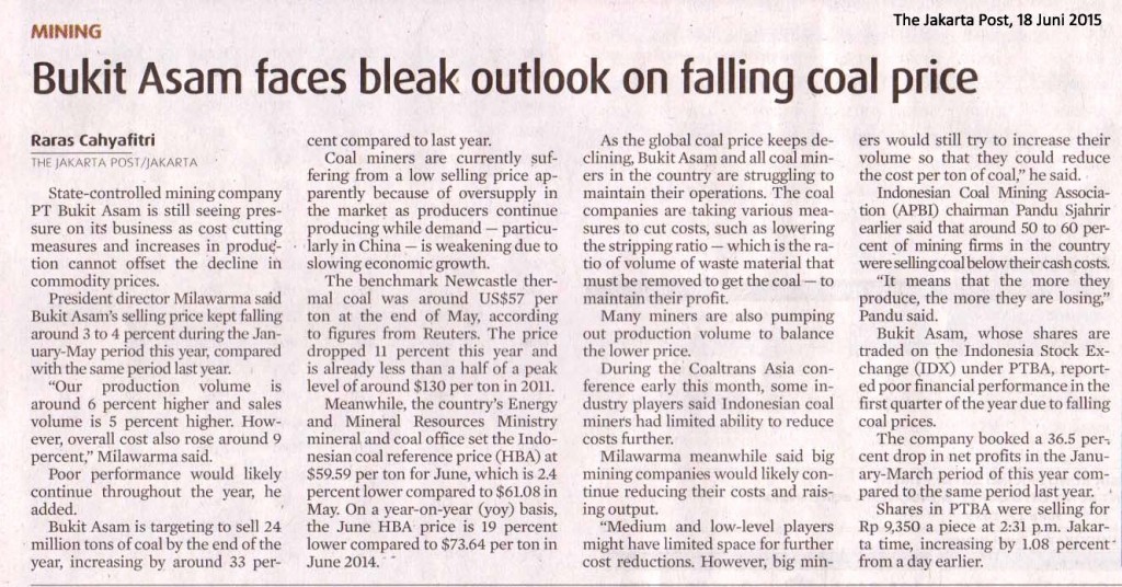 Bukit Asam faces bleak outlook on falling coal price