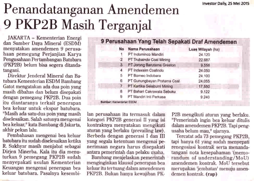 Penandatanganan Amendemen 9 PKP2B Masih Terganjal