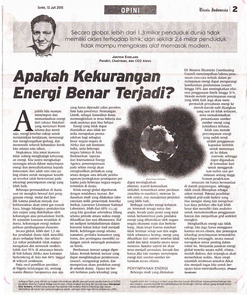 Apakah Kekurangan Energi Benar Terjadi, Bisnis Indonsia  Senin, 13 Juli 2015