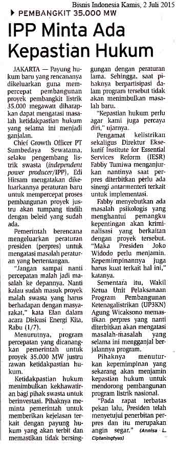 IPP Minta Ada Kepastian Hukum, Bisnis Indonesia Kamis, 2  Juli 2015