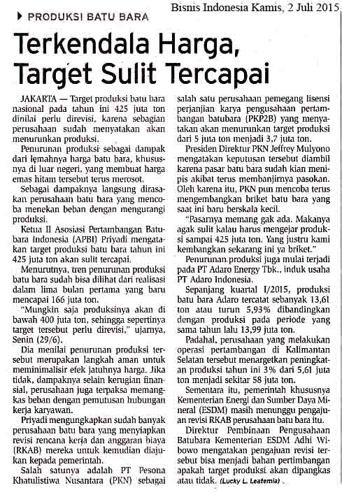 Terkendala Harga, Target Sulit Tercapai, Bisnis Indonesia  Kamis, 2 Juli 2015