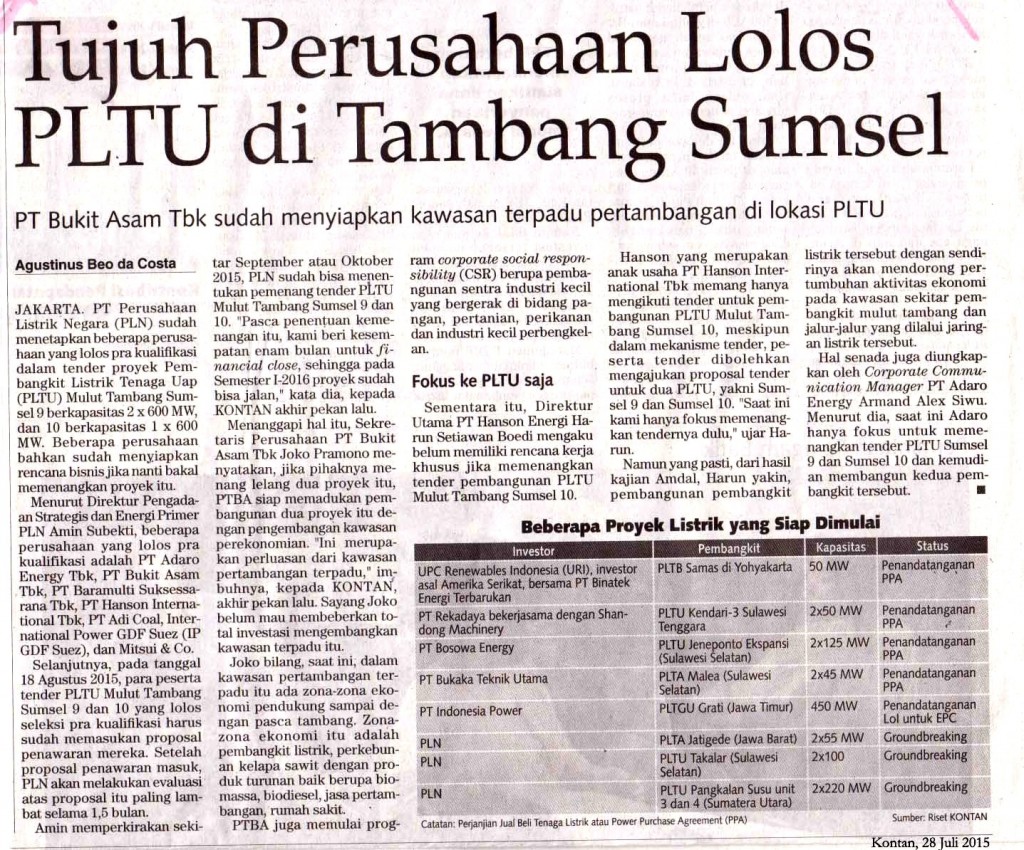Tujuh Perusahaan Lolos PLTU di Tambang Sumsel
