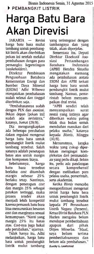 Harga Batubara Akan Direvisi, Bisnis Indonesia Senin, 31  Agustus 2015