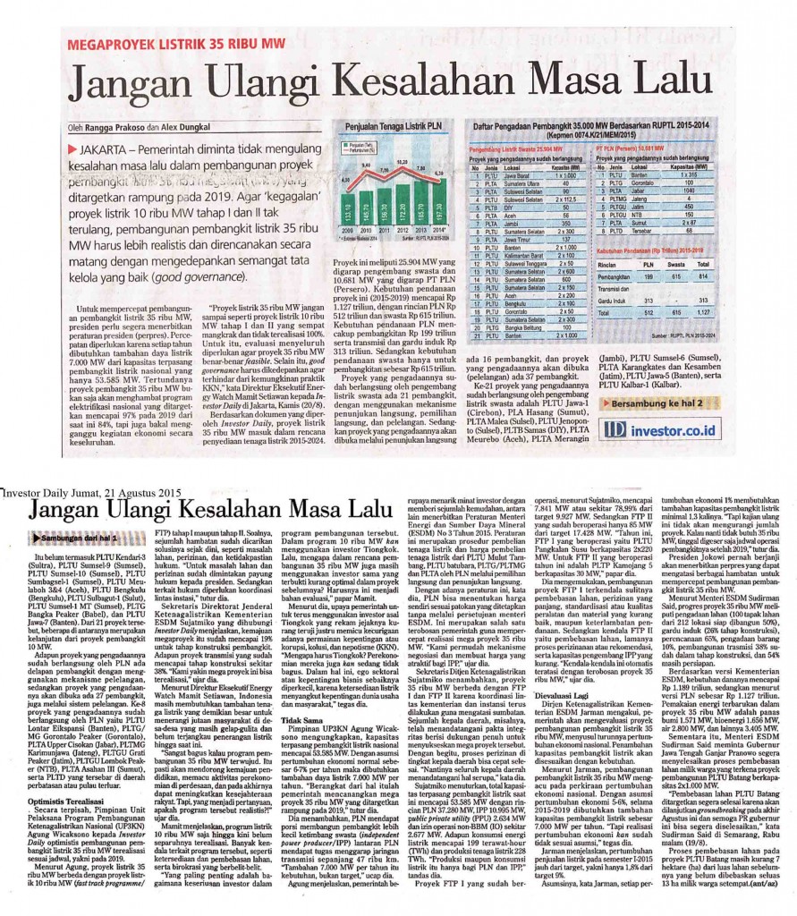 Jangan Ulangi Masa Lalu, Investor Daily Jumat, 21 Agustus  2015