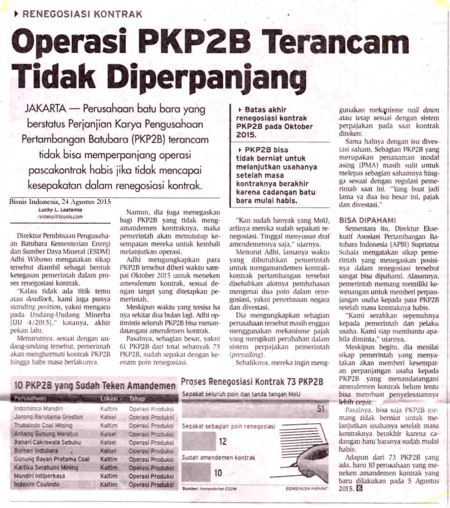 Operasi PKP2B Terancam Tidak Diperpanjang