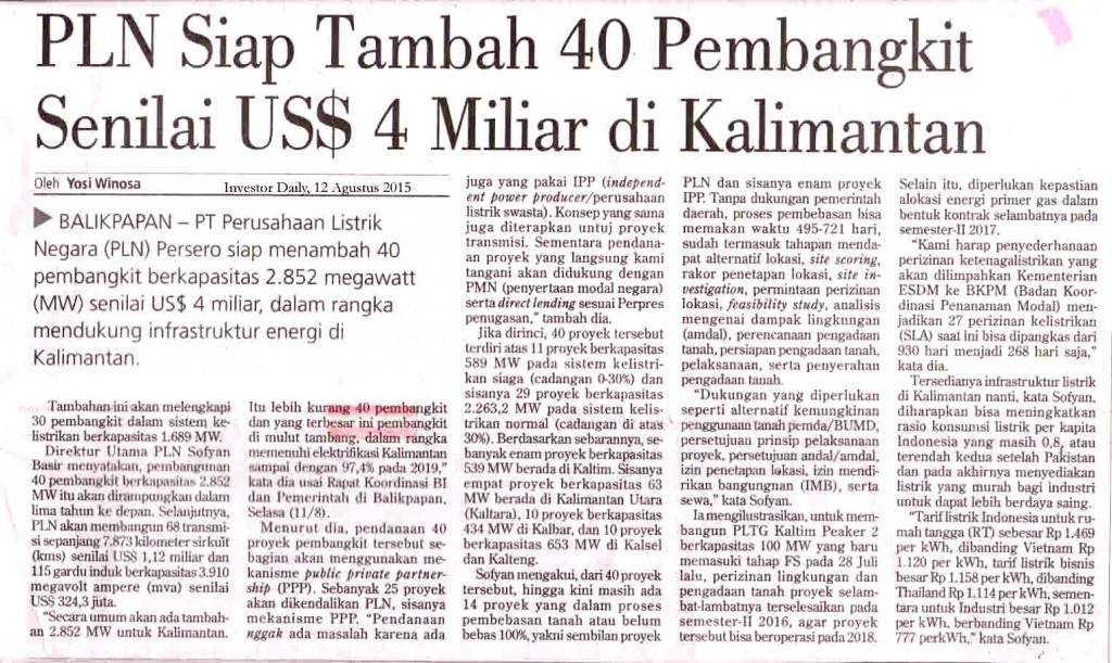 PLN Siap Tambah 40 Pembangkit Senilai US$ 4 Miliar di Kalimantan