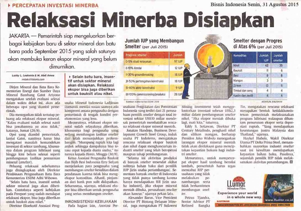 Relaksasi Minerba Disiapkan, Bisnis Indonesia Senin, 31  Agustus 2015
