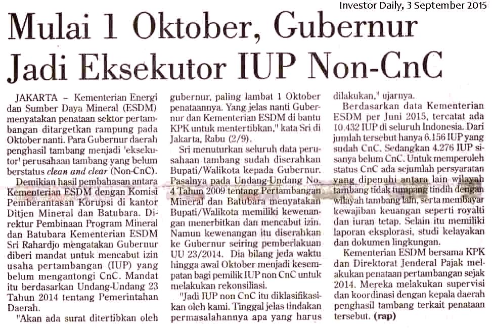 Mulai 1 Oktober, Gubernur Jadi Eksekutor IUP Non-CnC