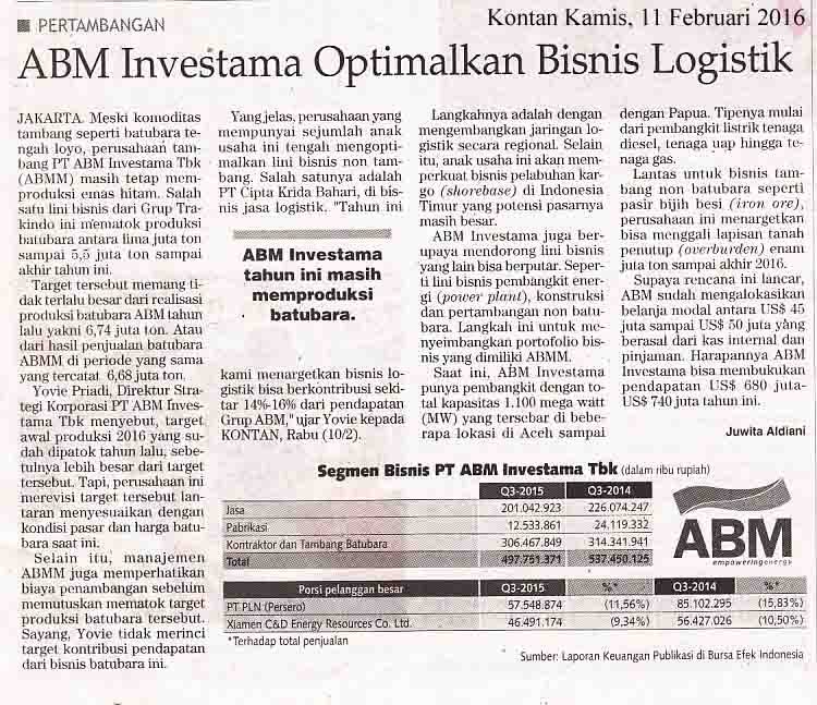 ABM Investama Optimalkan Bisnis Logistik, Kontan Kamis, 11  Februari 2016