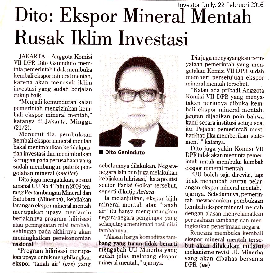 Dito_ Ekspor Mineral Mentah Rusak Iklim Investasi