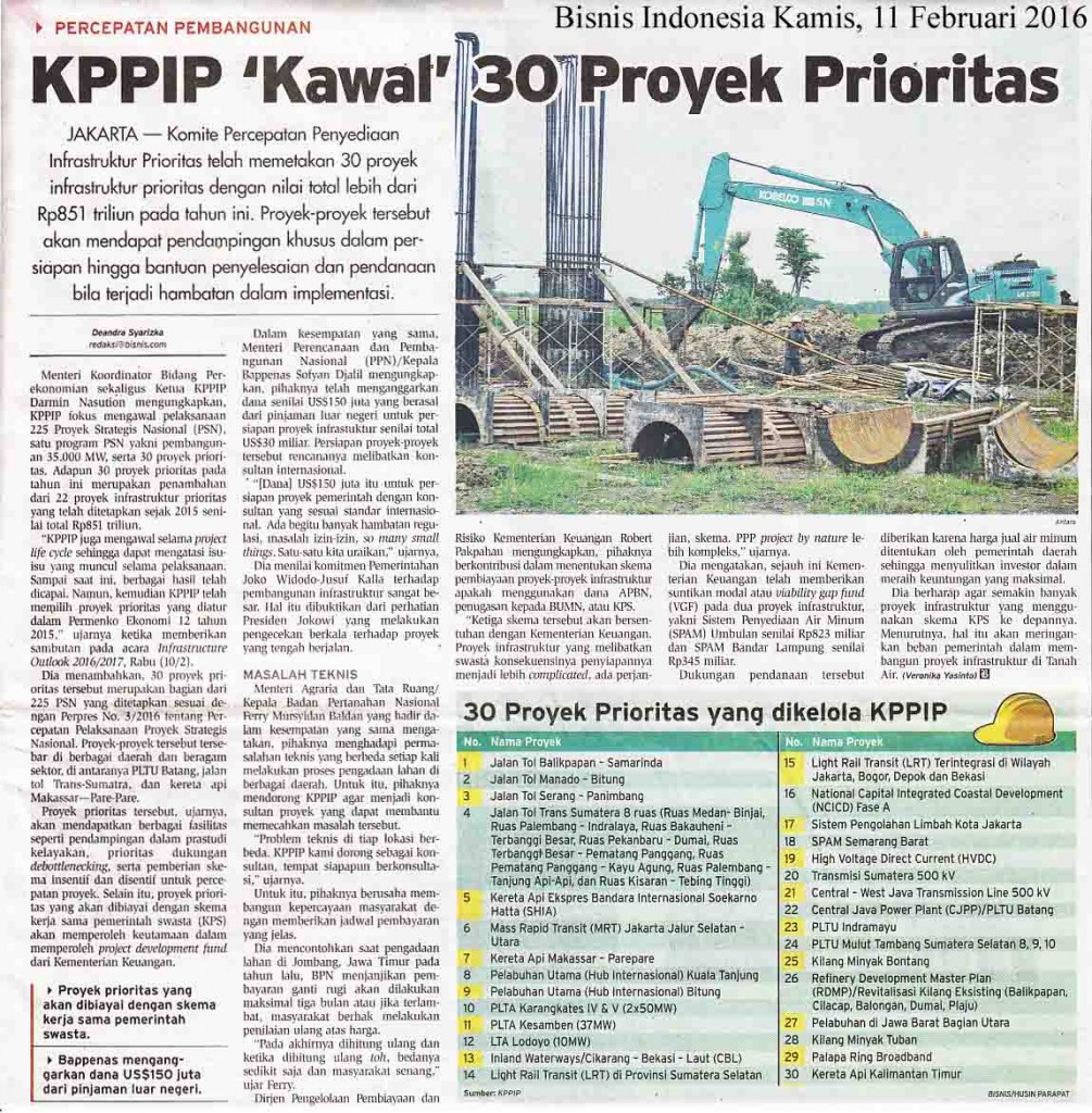 KPPIP Kawal 30 Proyek Prioritas, BIsnis Indonesia Kamis,  11 Februari 2016