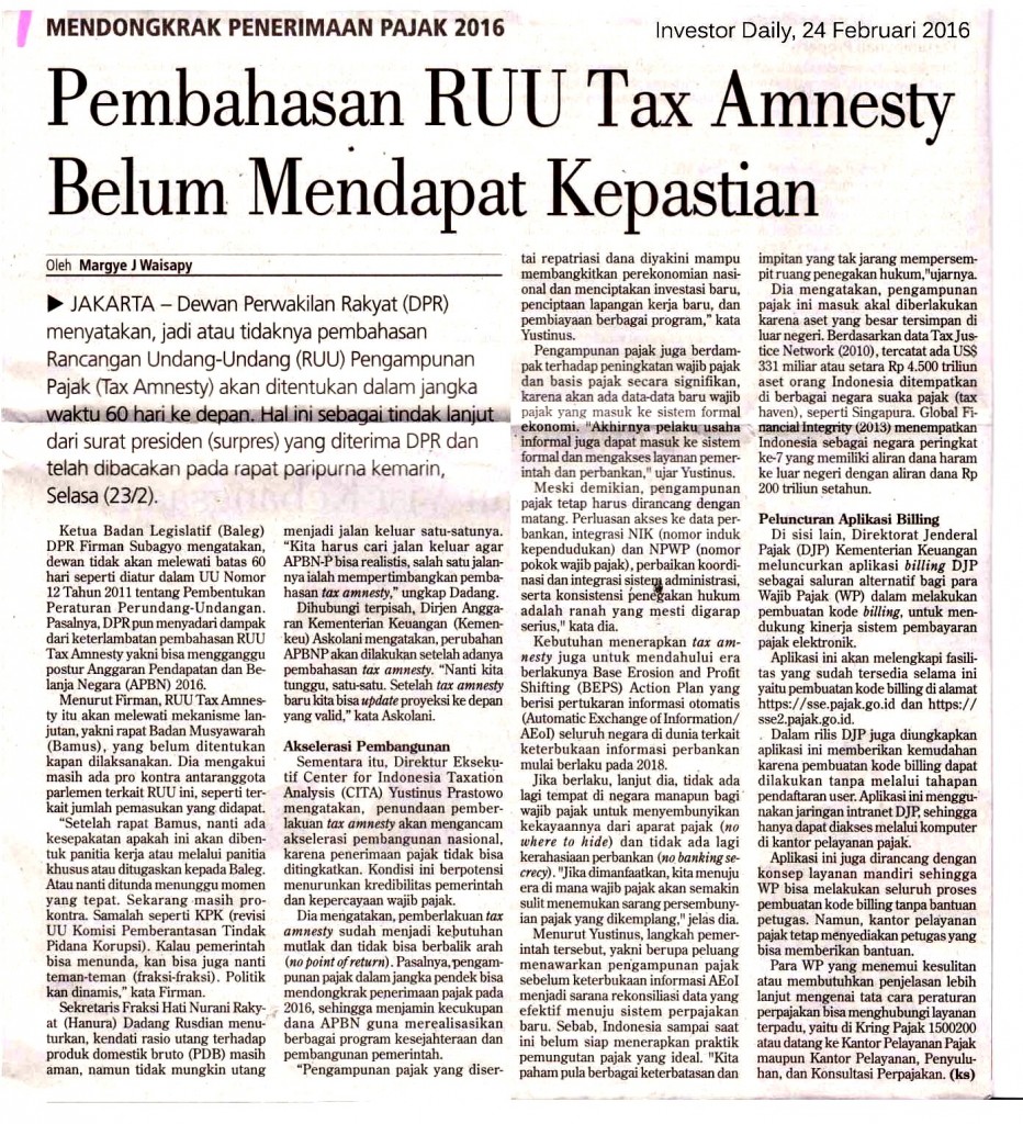 Pembahasan RUU Tax Amnesty Belum Mendapat Kepastian