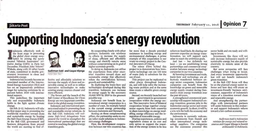 Supporting Indonesia's Energy Revolution, The Jakarta Post  Thursday, 11 February 2016