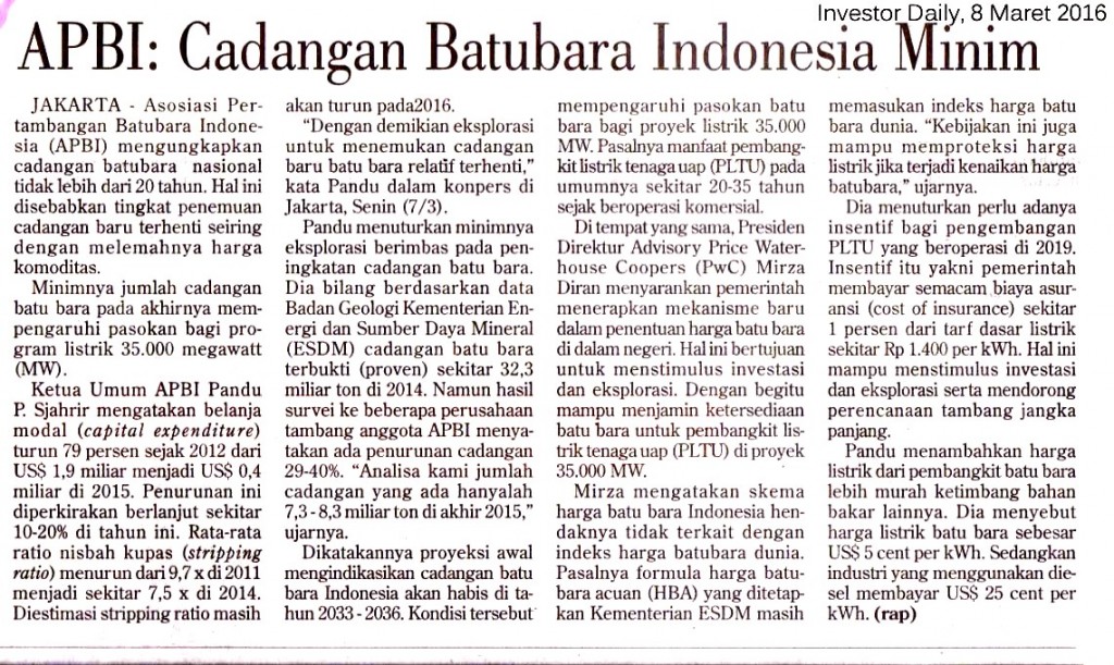 APBI__Cadangan Batubara Indonesia Minim