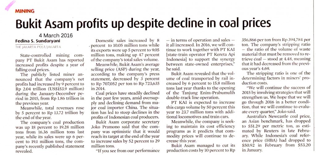 Bukit Asam profits up despite decline in coal prices