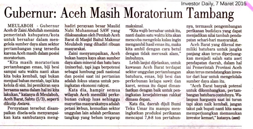 Gubernur__Aceh Masih Moratorium Tambang