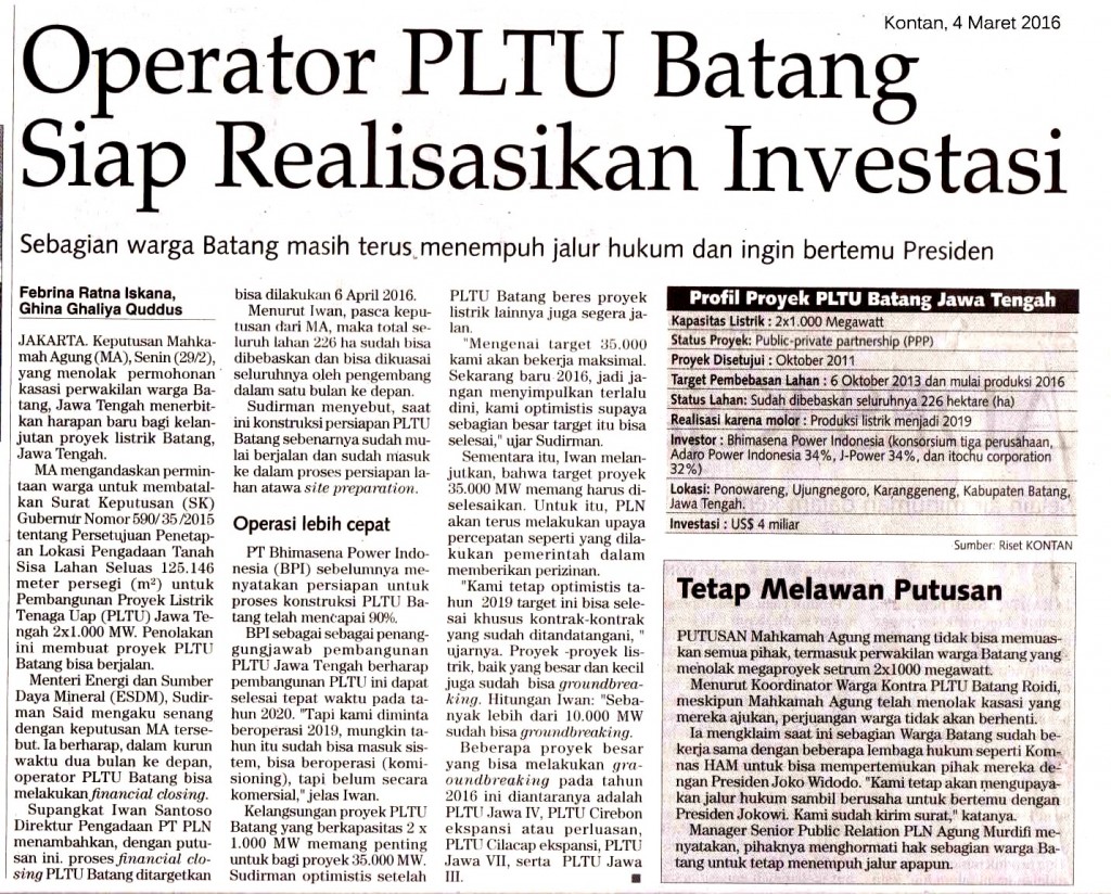 Operator PLTU Batang Siap Realisasikan Investasi