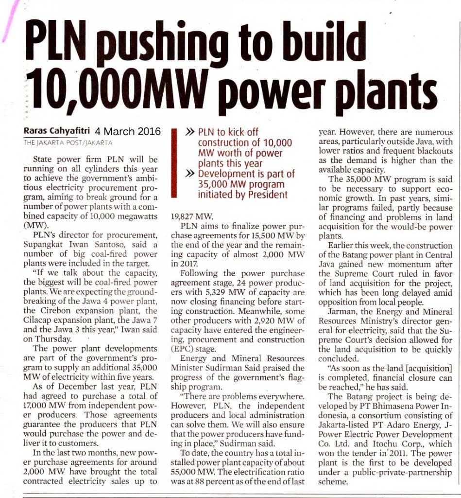 PLN pushing to build 10,000MW power plants
