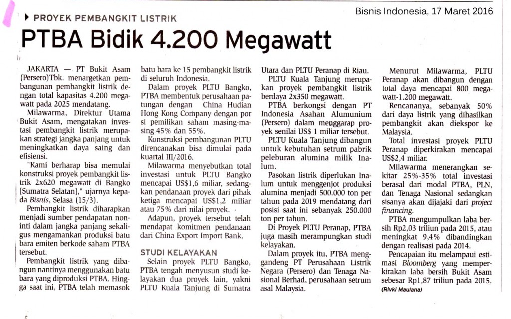 PTBA Bidik 4.200 Megawatt