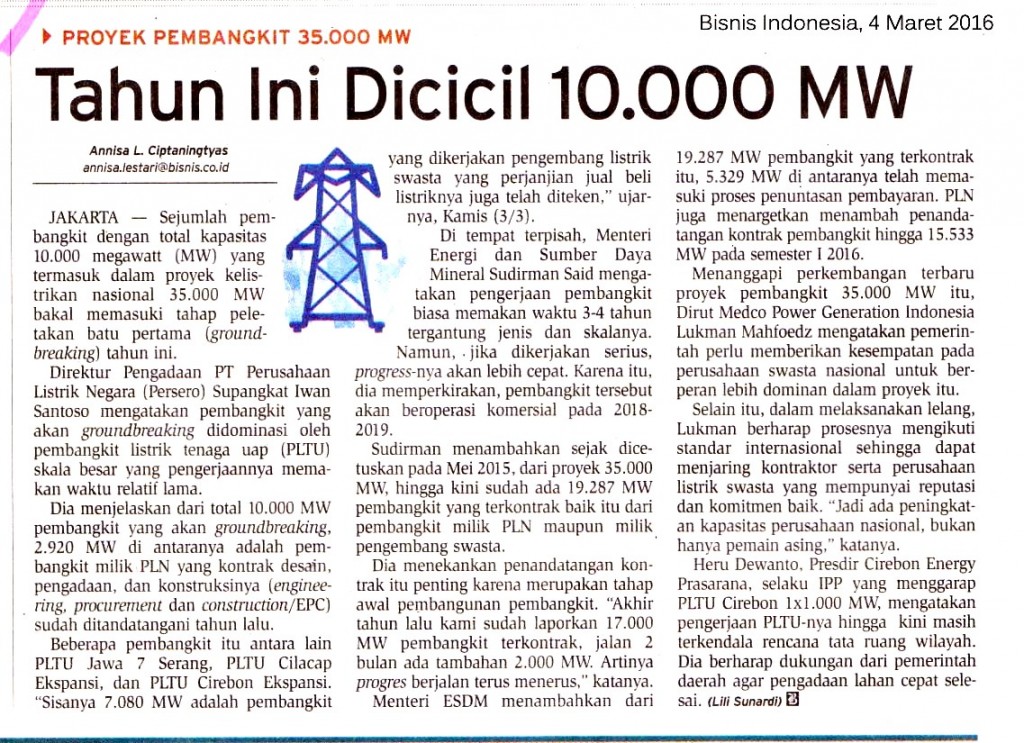 Tahun Ini Dicicil 10.000 MW