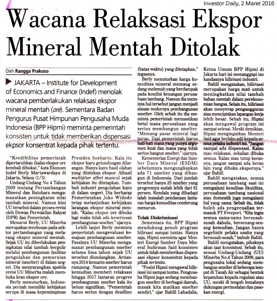 Wacana Relaksasi Ekspor Mineral Mentah Ditolak