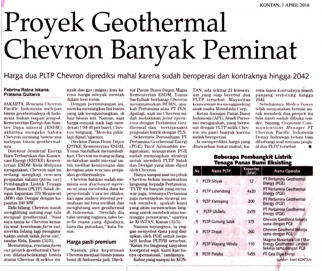 Proyek Geothermal Chevron Banyak Peminat