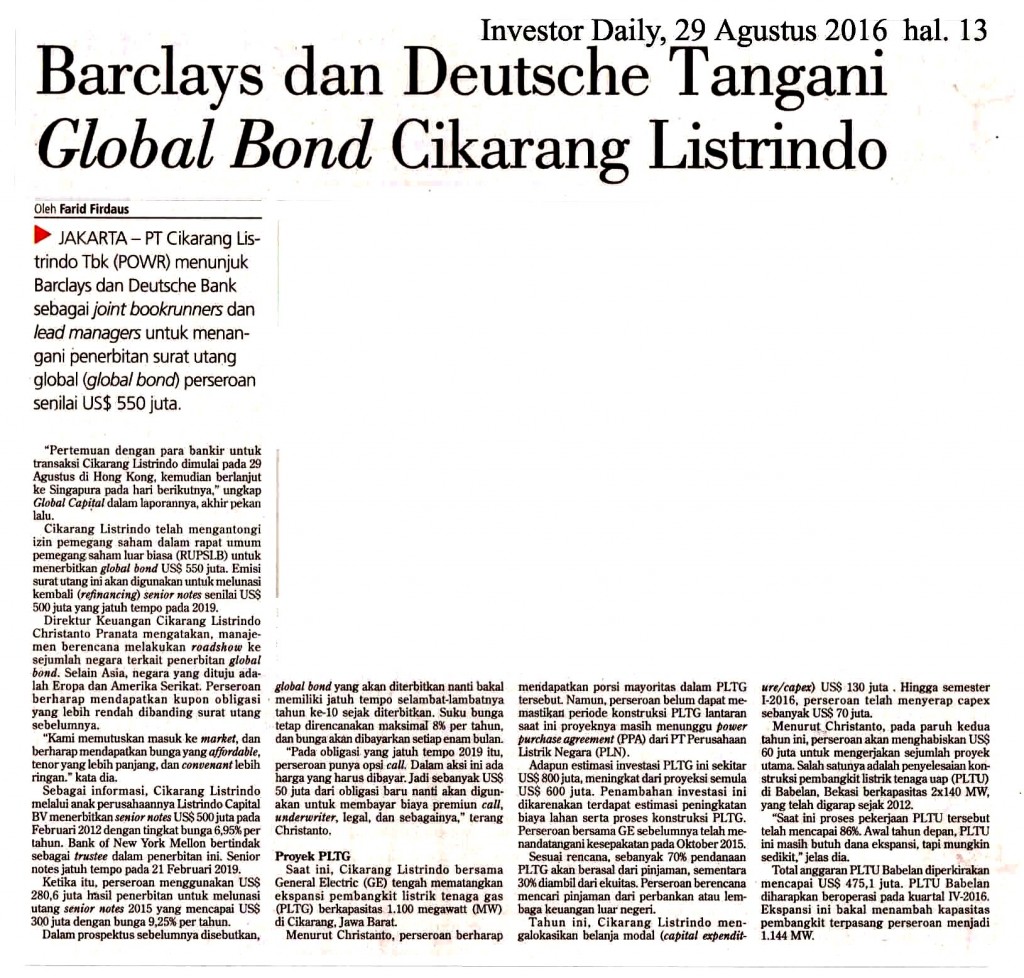 Barclays dan Deutsche Tangani Global Bond Cikarang Listrindo