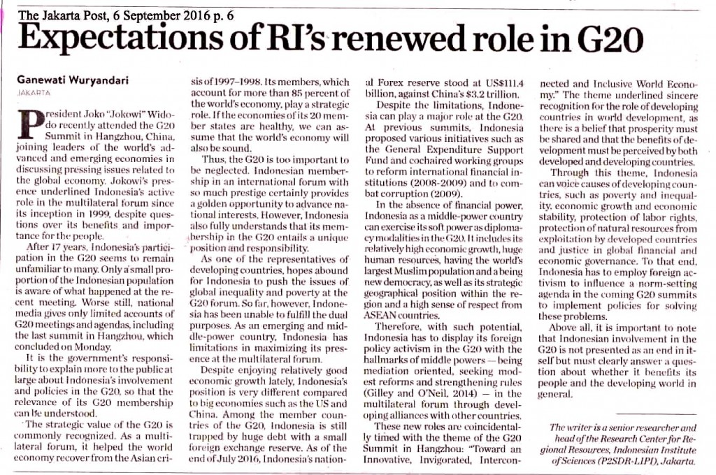 Expectations of RI's renewed role in G20