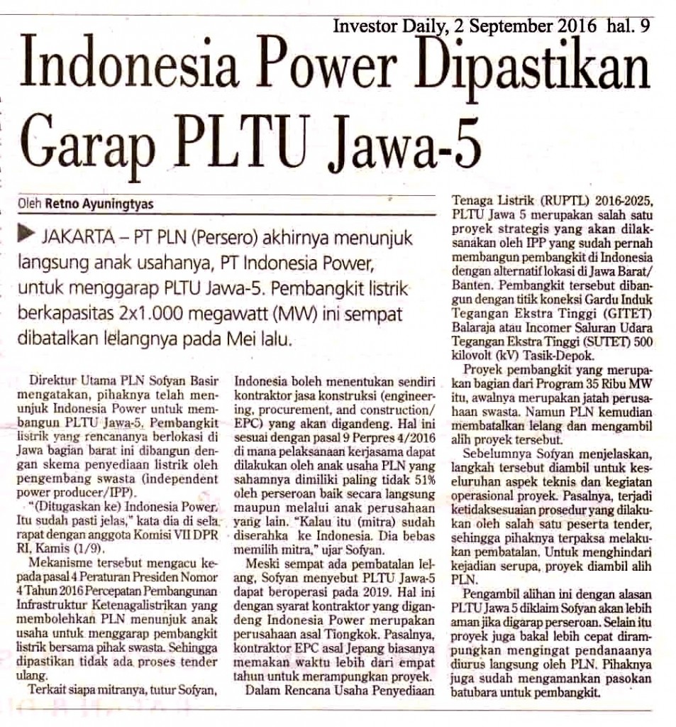 Indonesia Power Dipastikan Garap PLTU Jawa-5