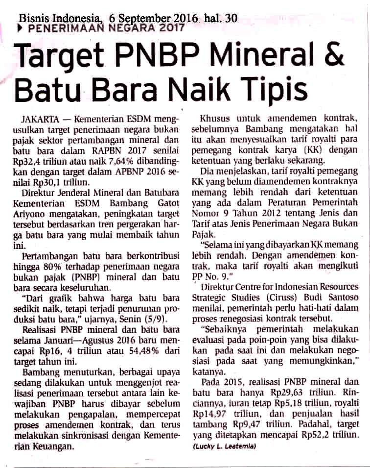 Target PNBP Mineral dan Batu Bara Naik Tipis